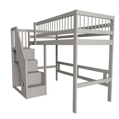 Produktbild von Merax Etagenbett 90x200cm mit Treppe und Stauraum, Hochbett mit Rausfallschutz und Lattenrost,Einzelbett Kinderbett Holzbett Jugendbett Stockbett,Grau