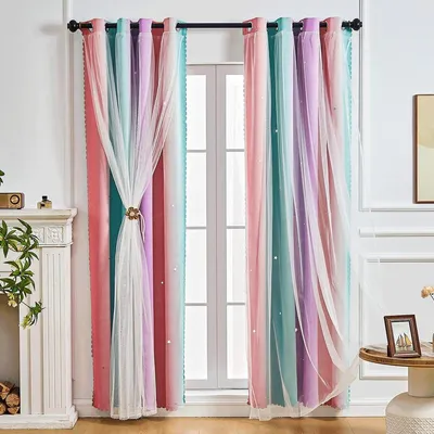 Produktbild von Verdunkelungsvorhang Sternenmuster Vorhang Gardine - 2 Paneele - B 52 x L 72 cm - Rosa, Lila und Grün - Für Kinderzimmer und Schlafzimmer