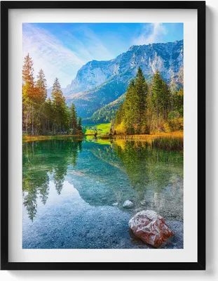 Produktbild von Fluss von Bergen Landschaft– Wandbild mit Rahmen – Gerahmtes Bild  – Wanddekoration – 60x80 cm –  Schwarz Rahmen