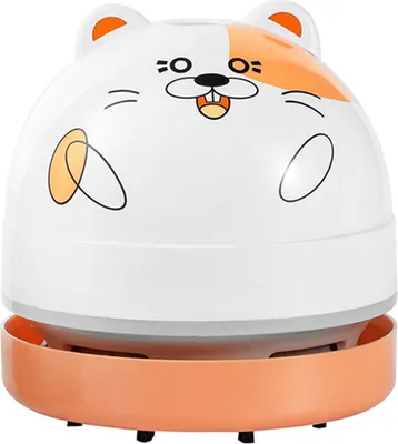 A cute, cartoon-like mini desktop vacuum cleaner shaped like a cat or hamster, with orange accents and a smiling face.