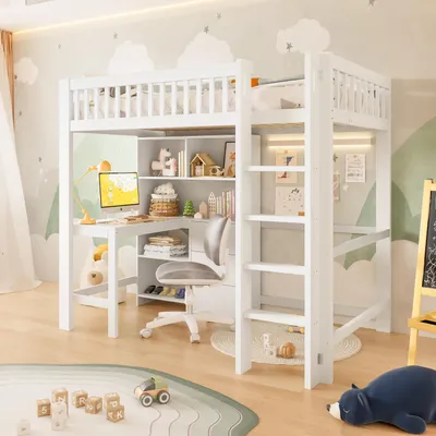 A child's bedroom with a loft bed, desk, and shelves.