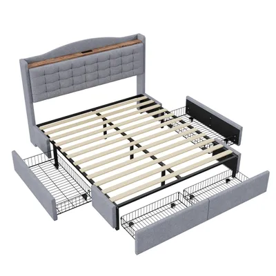 Produktbild von Polsterbett 140*200 cm, Nachttisch mit USB-Ladeanschluss und Ablage, Doppelflachbett mit 4 Schubladen, Leinenstoff Grau