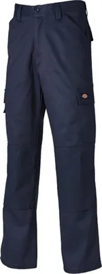 A pair of navy blue work pants on a white background.