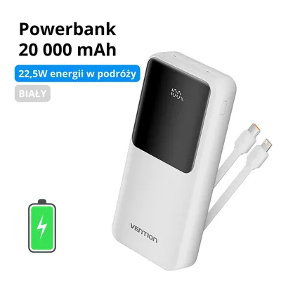 Zdjęcie produktu dla VENTION Powerbank 20000mAh – 22,5W szybka ładowarka z USB-C, Lightning, Micro-USB i 5 portami – wbudowane kable, ekran LED
