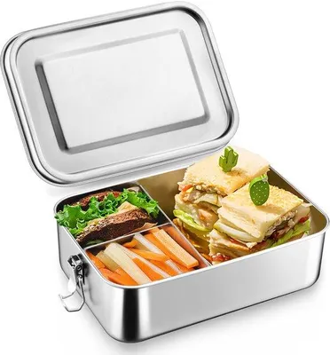 Productafbeelding van Unyqoos® roestvrijstalen lunchbox met verwijderbare compartimenten, lekvrij dankzij de siliconen afdichting en clipsluitingen, geschikt voor voedsel, vaatwasmachinebestendig – ideaal voor school, kantoor en buitenshuis