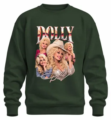 Image de Pull à capuche "Sweatshirt" Dolly Parton, légende de la musique country, style cowgirl western, couleur vert bouteille, taille XL