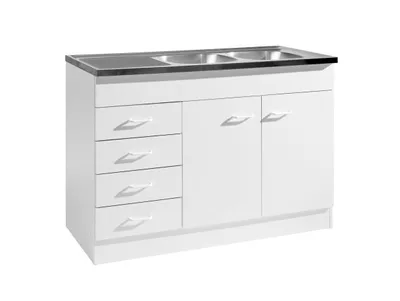 Produktbild von Küchen Spülen Unterschrank Start 120 cm breit 60 cm tief in weiß mit 4 Auszügen und Edelstahl Auflagespüle