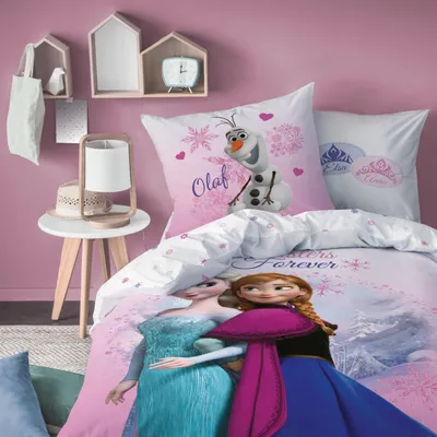 A child's bedroom with Frozen-themed bedding.