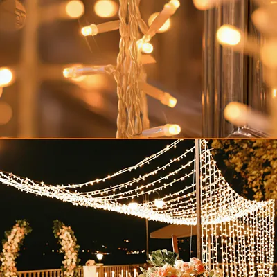 Image de Jiubiaz Guirlande lumineuse LED Rideau lumineux de décoration avec 300 LED 8 modes d'éclairage Guirlande lumineuse USB pour Noël-IP44 Blanc chaud