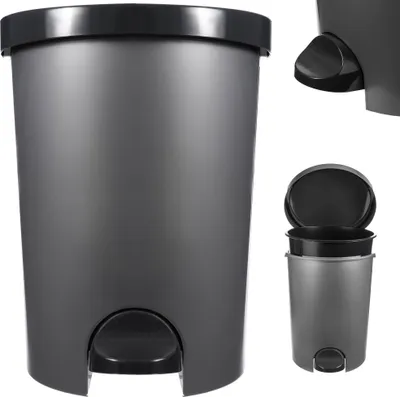 A gray trash can with a black lid and pedal is shown against a white background. Inset images show a close-up of the pedal and the trash can with its lid open.