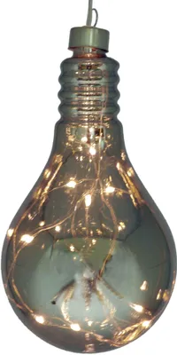 A transparent light bulb with small golden LED lights inside, hanging from a wire.