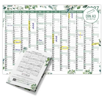 Produktbild von Wandkalender 2027 A3 Eukalyptus Botanical Querformat – Jahresplaner KW Feiertagegroße Felder