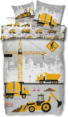 Produktbild von SkyBrands Kinderbettwäsche Bagger & Baustelle – 100x135 cm + 40x60 cm – 2-teiliges Set Baumwolle – Wendebettwäsche mit Kran, Betonmischer & LKW für Kleinkinder & Babys – Blau/Gelb/Grau