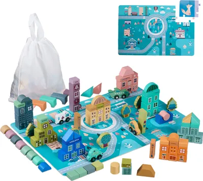 Image de Relaxdays - Blocs de construction en bois « Ville », 133 pièces, tapis de jeu, avec des bâtiments, des lettres, des chiffres, à partir de 3 ans, colorés