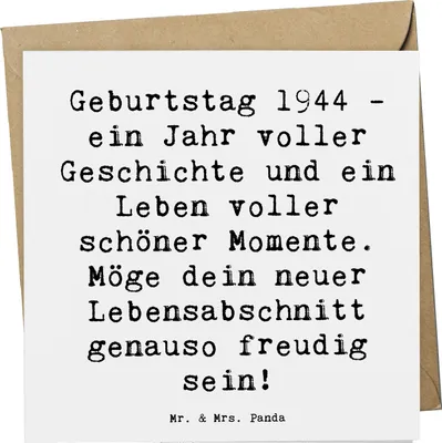 Produktbild von Mr. & Mrs. Panda Grußkarte Spruch 1944 Geburtstag - Weiß - Geschenk, anlasskarte, faltkarte, Jubiläum, Meilensteine, Glückwunschkarte, Alter, doppelkarte, Klappkarte
