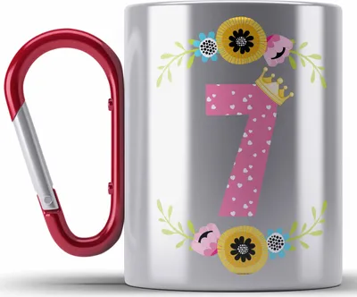 Produktbild von Trendation - 7. Geburtstag Mädchen Edelstahl Tasse Karabiner Geschenk zum Siebten Geburtsagsparty Grafik Krone  7 Jahre Alt (Rot)