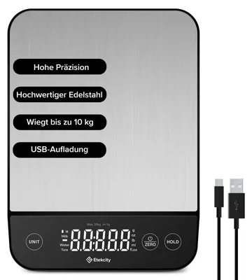 Küchenwaage digital 1 g Genauigkeit 10 kg Edelstahl LED-Display USB-aufladbar