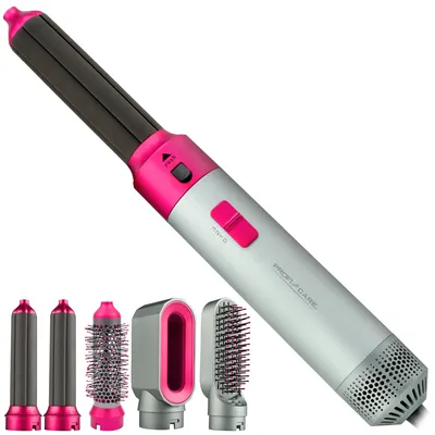 A multi-functional hair styling tool with various attachments, displayed against a white background.