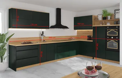 Immagine prodotto di Cucina ad angolo Velden 365x270cm HETTICH ad estrazione totale senza maniglie in rovere artisan - verde smeraldo super opaco