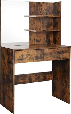 Productafbeelding van Famanu make-uptafel met 2 lades, spiegel, make-uptafel, open vakken, bruin, vintage stijl