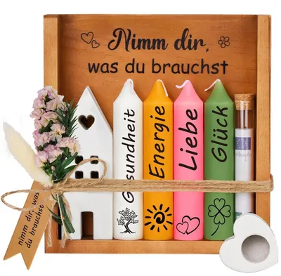 Produktbild von Kerzenset mit Holzbox und Trockenblumen, "Nimm dir was du brauchst" Botschaft, 4 Stabkerzen, Geldgeschenk-Option, 17x16.2x3cm