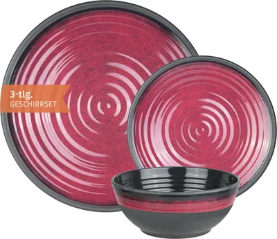 Produktbild von Camping Geschirr Set 1 Person 3-teilig | Melamin | Picknick Geschirrset | Campinggeschirr Stone Red Design