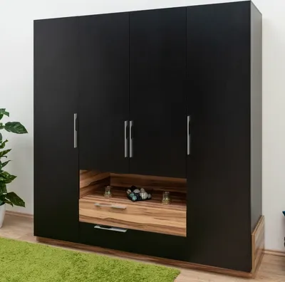 Produktbild von Drehtürenschrank / Kleiderschrank "Andenne" 02, Schwarz / Walnuss - Abmessungen: 215 x 210 x 60 cm (H x B x T)