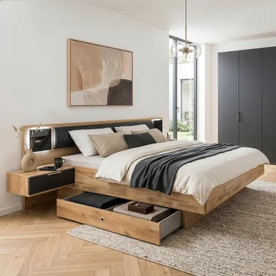Produktbild von Doppelbett 180cm mit 2 Bettschubladen, Nachtschränken, Beleuchtung und Polsterkopfteil, graphit und Eiche, VIESTE-43
