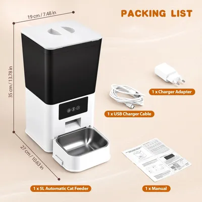 Obrázok produktu pre Automatický podávač krmiva pre mačky a psy - 5 l inteligentný dávkovač - 2,4G WLAN ovládanie cez aplikáciu - programovateľný, 1–5 jedál - nabíjateľná batéria - čierna farba