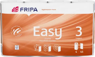 Produktbild von fripa Küchenrolle Easy, 3-lagig, hochweiß, 100% Zellstoff, 4 Rollen á 45 Blatt