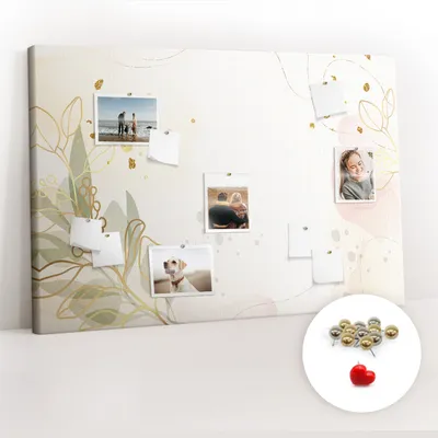 Imagen del producto de Tablero de corcho con chinchetas – Tablero con chinchetas para fotografías y notas – 120x80 cm – 100 chinchetas metálicas – Diseño de líneas doradas