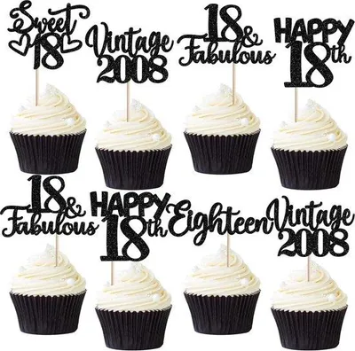 Productafbeelding van 30 Stuks Cupcake Toppers 18e Verjaardag Glitter Decoratie Voor Cake