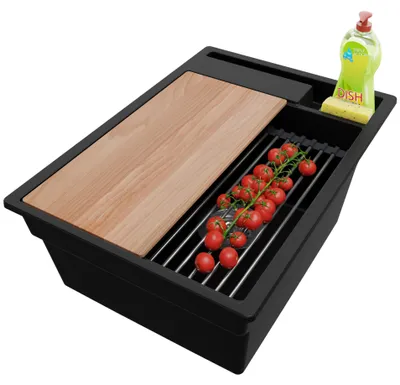 Produktbild von PRIMAGRAN Spülbecken Schwarz 38x53cm, Granitspüle 1 Becken + Ablauf-Set + Küchenzubehörset, Küchenspüle ab 40er Unterschrank - Oslo Pocket