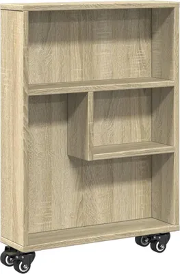 A narrow, three-shelf storage cart with wheels, made of wood-effect material.