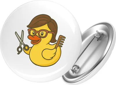 Produktbild von Huuraa Button Quietscheente Friseurin Comic Gummiente 25mm rund mit Sicherheitsnadel Ansteckbutton Geschenkidee