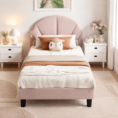 Image de Lit bébé INONEFT, lit rembourré 90x200 cm avec repose-tête réglable en hauteur, lit simple pour filles, pour enfants et adolescents, sans matelas, en velours rose