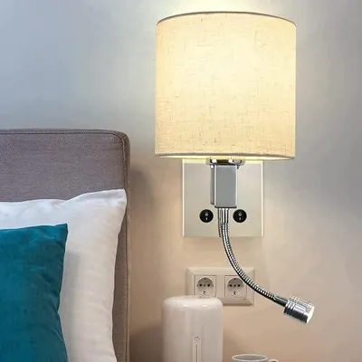 Zdjęcie produktu dla Lampa ścienna LED z przełącznikiem do czytania sypialnia abażur materiałowy