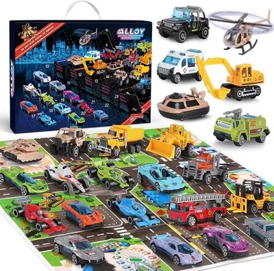 Produktbild von Adventskalender mit Spielzeugautos – 24 Stück – Weihnachtlicher Countdown – Überraschungen für Kinder