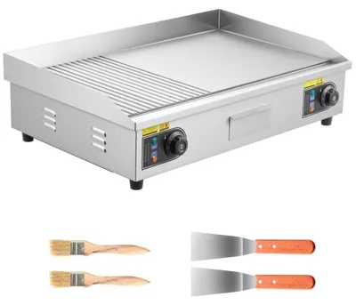 Immagine prodotto di Piastra elettrica professionale SucceBuy da 4400 W, piastra da tavolo con superficie di cottura 725x400 mm, 50–300 °C, grill elettrico, metà rigata e metà liscia, incluse 2 spatole e 2 spazzole, ideale per bistecche e barbecue, senza spina