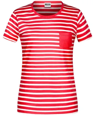 Produktbild von James & Nicholson Damen T-Shirt mit Streifen und Brusttasche - Maritim gestreiftes Kurzarm-Shirt aus Baumwolle in Red-White Größe XXL