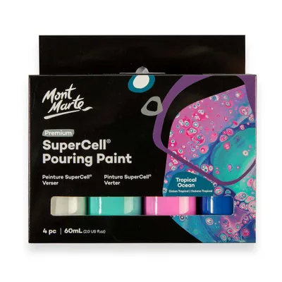 Produktbild von Mont Marte SuperCell® Pouring Acrylfarbe Set, Gieß-Acryl, je 4 x 60 ml, Farbe TROPICAL OCEAN, Untereinander vermischbar & mit Medium vorgemischt
