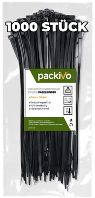 Produktbild von PACKIVO Kabelbinder, Schwarz - 300mm x 4,8mm, 1000