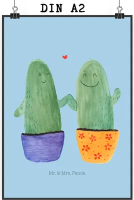 Produktbild von Mr. & Mrs. Panda Bild Kaktus Liebe DIN A2 - Blau Pastell - Geschenk, wanddeko, Wandbild, Paar, Plakat, Pärchen, Love, drucke, Kunstdruck, Hochzeit, Streit, Kakteen