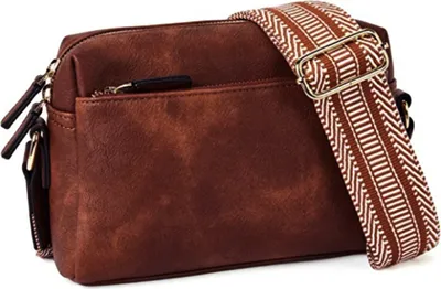 Produktbild von OKWISH Umhängetasche Damen Kleine, Crossbody Bag Damen Leder mit Breitem Gurt Moderne Kleine Umhängetasche mit Kartenschlitz Abnehmbar Schultergurt dunkelbraun