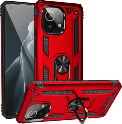Obrázek produktu pro Pouzdro pro Xiaomi Mi 11 dvouvrstvé robustní, vojenská ochrana pouzdro s držákem prstenu a stojánkem červené