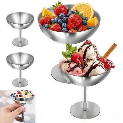 Produktbild von 4er-Set Edelstahl-Dessertschalen, 240 ml mit Sockel, für Eis, Desserts, Saucen oder Obst, ideal für Eisbecher, Sundaes und Partys