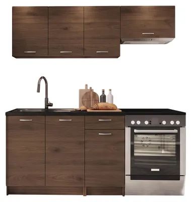 Produktbild von MIRJAN24 Küche Mela 180, Küchenzeile, 5 Schrank-Module frei kombinierbar, Küche-Set, Küchenmöbel (Nuss Elegant / Nuss Elegant + Schwarz, ohne Beleuchtung)