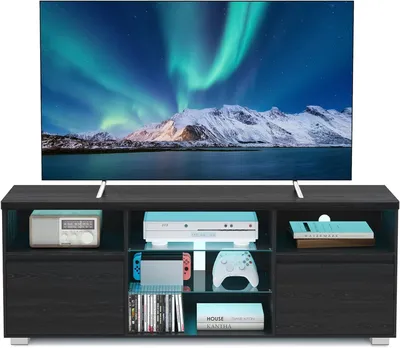 Image de VASAGLE Armoire TV avec éclairage LED, table TV, support TV pour téléviseurs jusqu'à 70 pouces, avec étagères ouvertes, 2 armoires avec portes, 160 cm,
