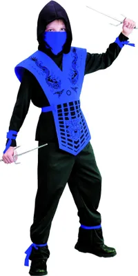 A child wearing a blue and black ninja costume, holding sai weapons.