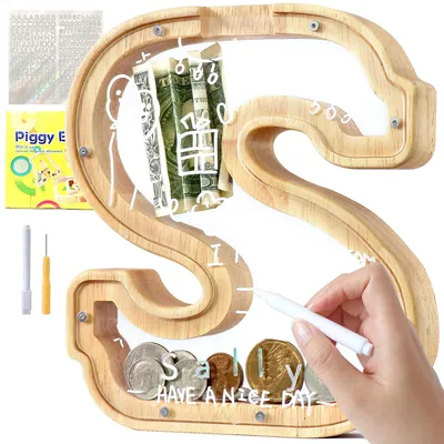 Produktbild von Spardose aus Holz mit Buchstaben von A bis Z, personalisierte Spardose, Geschenkdekoration, Taufgeschenk für Jungen und Mädchen (S)